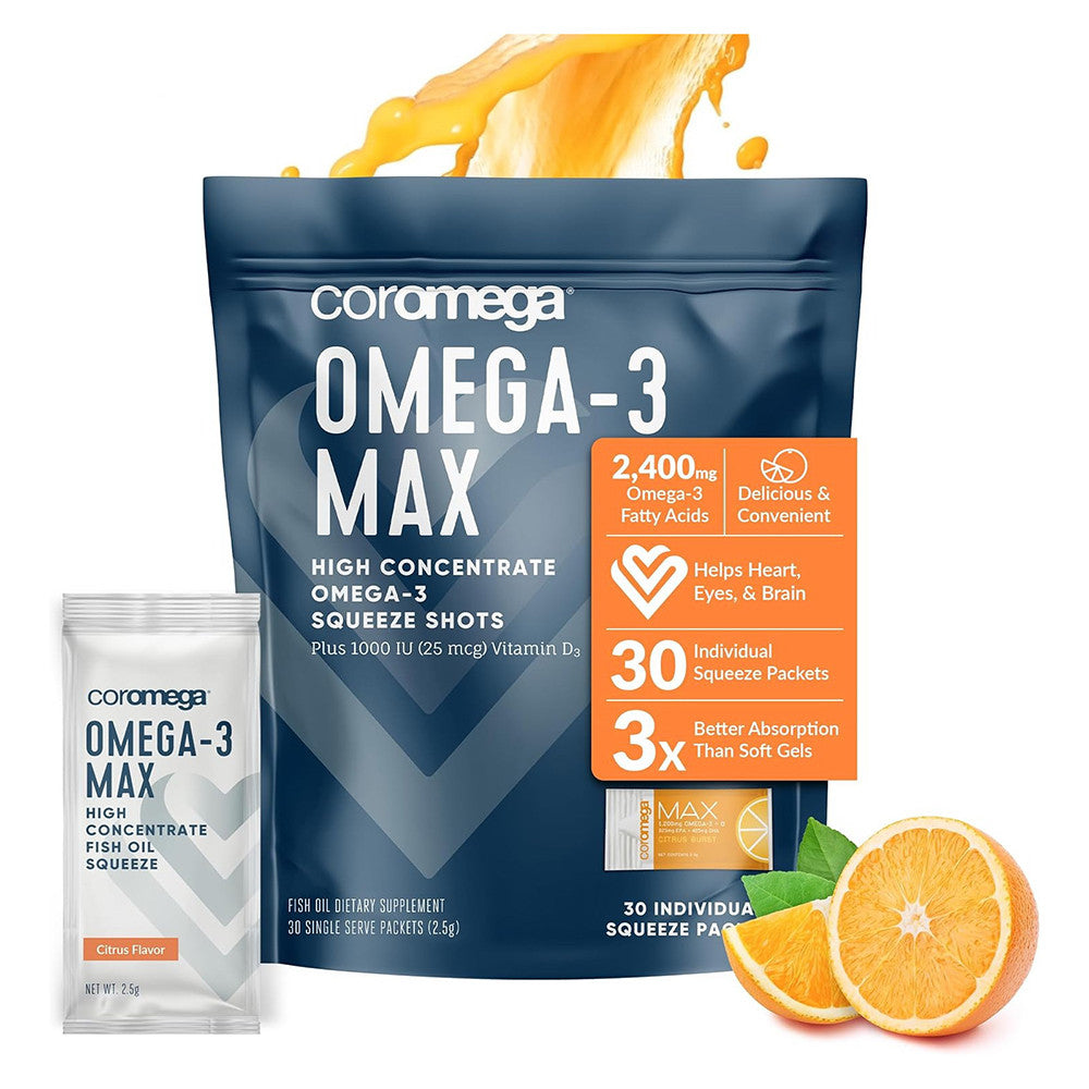 Coromega Max Strength High Concentrate Omega-3 Supplement, Citrus Burst, 30 Ea